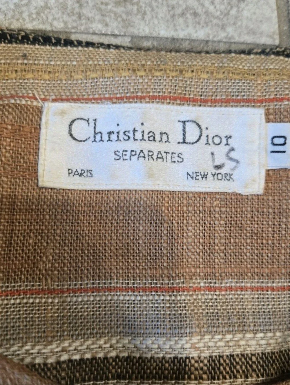 VTG Christian Dior Separates Striped Linen Collarless Jacket Blazer Womens 10